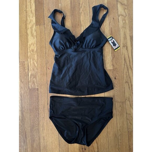 NWT DKNY Womens Size M Black 2-Piece Ruffled Tankini Swimsuit Full Coverage - Picture 1 of 6
